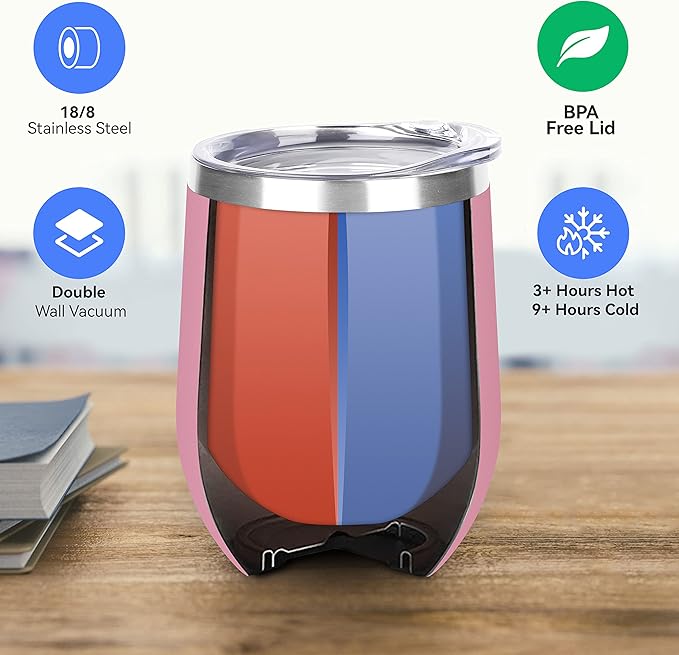 DOMICARE Stainless Steel Wine Tumbler Bulk with Lid, Personalized Insulated Tumblers Set, 12oz Travel Coffee Cups Pack of 12, Pink