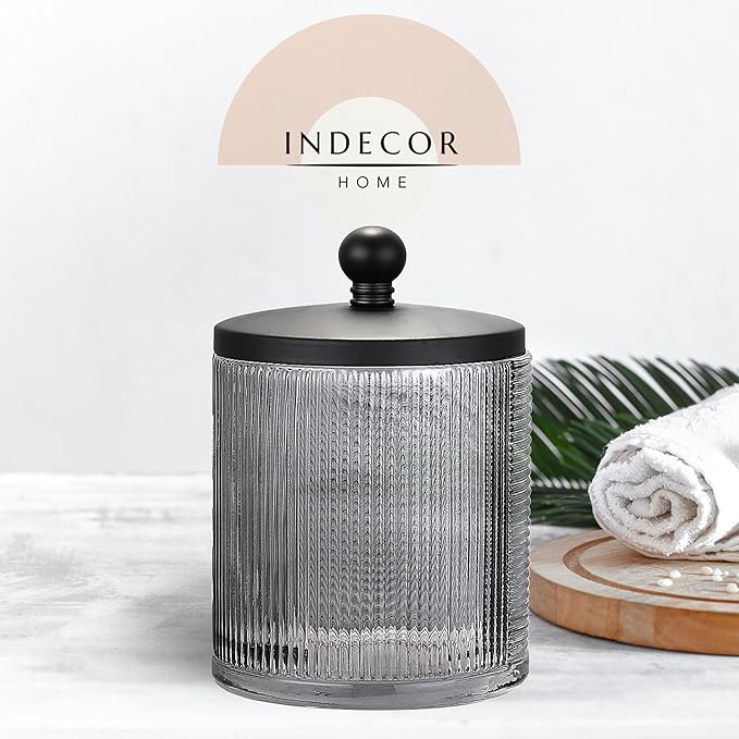 Glass Jar with Metal Lid for Bathroom Organization, Clear Apothecary Jar for Cotton Balls, Q Tips, and Small Accessories, Stylish Bathroom Storage Container Grey, Black