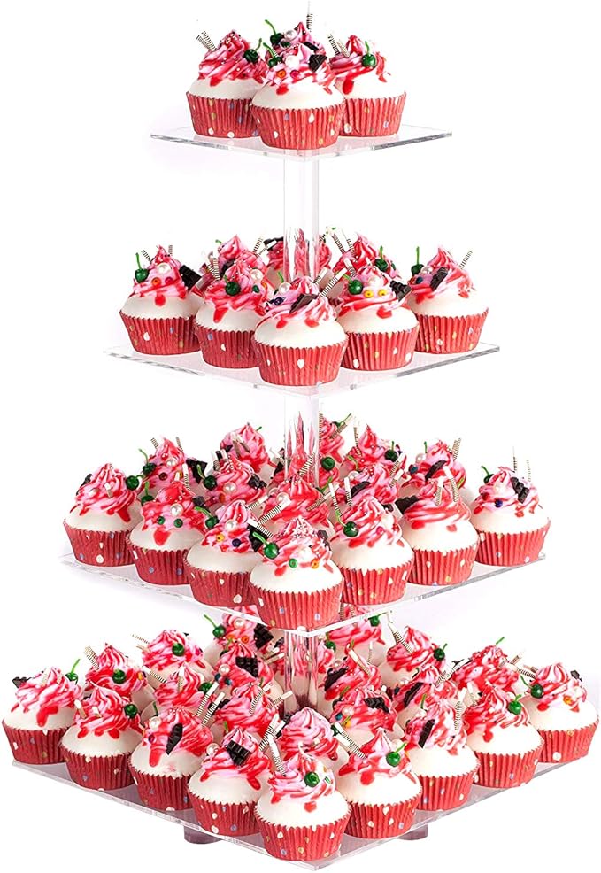 YestBuy 4 Tier Acrylic Cupcake Stand with Base, Cake Stand, Premium Cupcake Holder, Acrylic Cupcake Tower Display Cady Bar Party Décor – Display for Pastry (6" Between 2 Layers)…