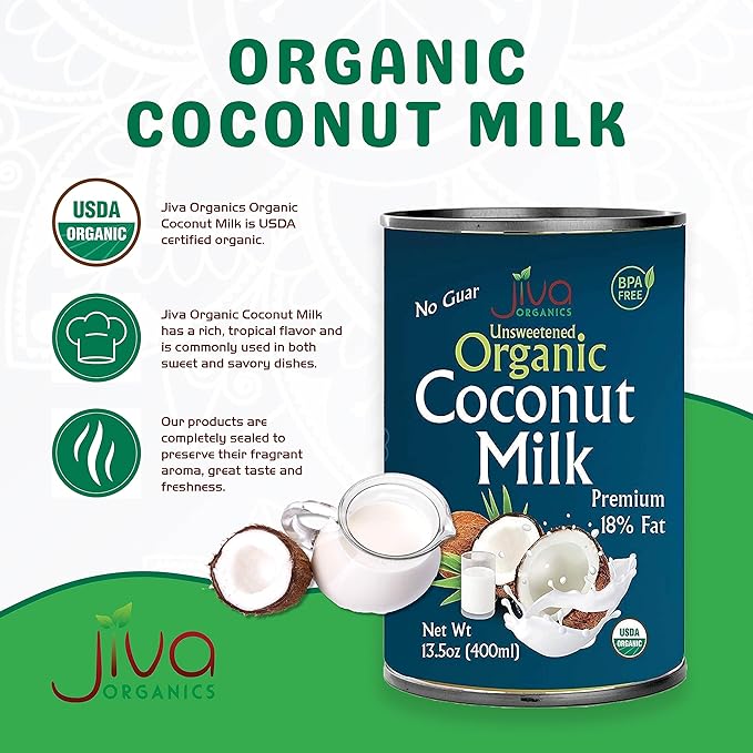 Organic Coconut Milk 13.5 Ounce (Pack of 12) - Unsweetened, Premium FULL 18% Fat, Vegan, Paleo, No Guar Gum, BPA Free, Keto Friendly by Jiva Organics