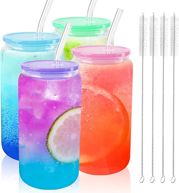 Joyclub 4pcs Glass Cups with Acrylic Lids and Straws 16 oz Can Shaped Glass Iced Coffee Cups with Lids and Straws, Cute Tumbler Cup Drinking Glasses for Smoothie Whiskey Boba Soda Tea Gift