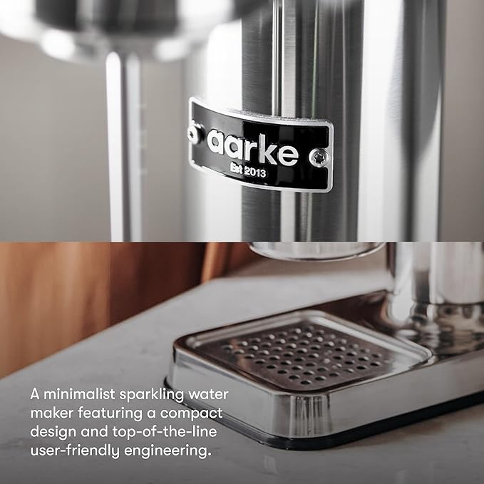 Aarke Carbonator lll with CO2 Cylinder, Sparkling & Carbonation Water Machine, Stainless Steel with PET BPA-Free Reusable Bottle Volume 1L/34 fl oz (Stainless Steel)