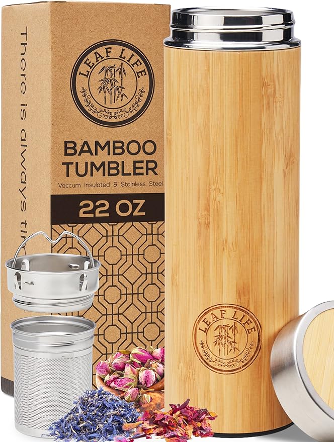 LeafLife Premium Bamboo Tea Bottle for Loose Tea - Tea Infuser Bottle - Tea Gifts - Insulated Water Bottle/Coffee Tumbler/Tea - Tea Gift Set, Tea Accessories - Tea Tumbler 22oz