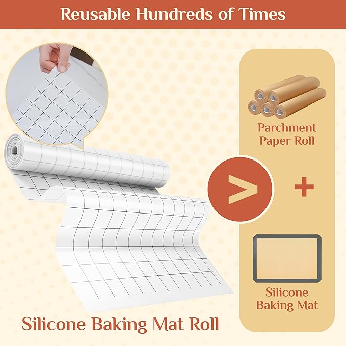 Silicone Baking Mat, 16 IN x 10 FT Free Cutting Baking Sheet,Non-Stick Reusable Dough & Pastry Mat,Non-Slip Silicone Mat Roll for Air Fryer Liner,Freeze Dryer,Oven Baking Pan,Kitchen Counter