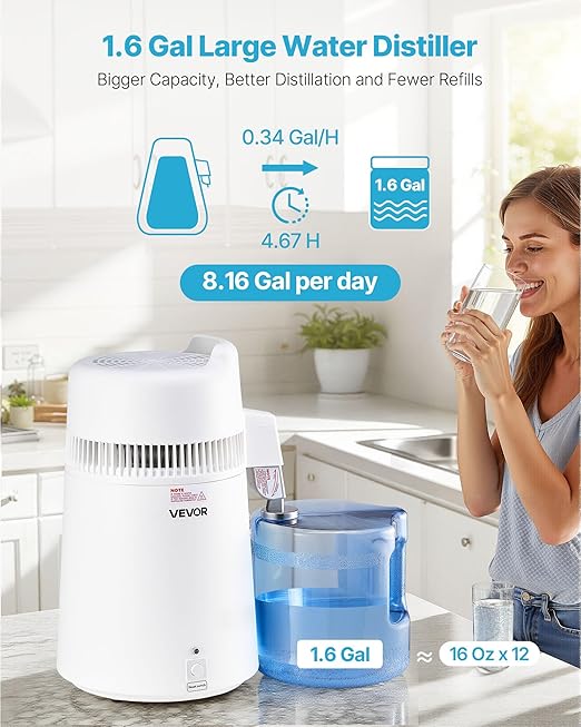 VEVOR Water Distiller, 6L/1.6 Gallon Larger Distilled Machine, 900W Distilling Water Maker, 0-99H Timing Set, Time & Temp Display, 304 Stainless Steel Interior Stiller with Plastic Carafe, White