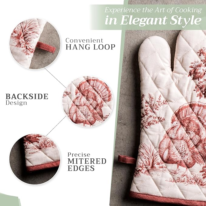 Maison d' Hermine Oven Gloves 100% Cotton Oven Mitt 7" x 13" with Loop Heat Resistant, BBQ, Cooking Gloves, Baking, Grilling, Kitchen, Handling Hot Pans (Pack of 1, Holy Jouy - Brown)