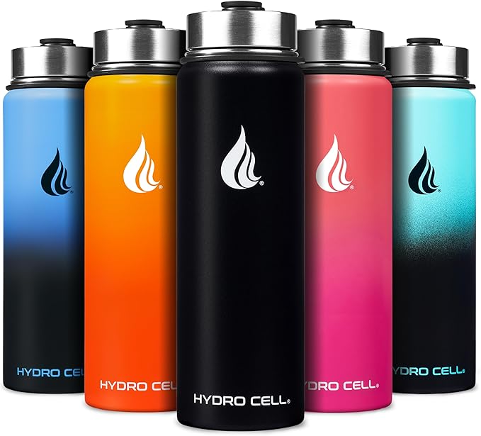 HYDRO CELL Stainless Steel Insulated Water Bottle with Straw - For Cold & Hot Drinks - Metal Vacuum Flask with Screw Cap and Modern Leakproof Sport Thermos for Adults (Black 24oz)