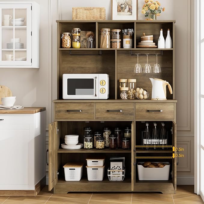 HOSTACK Buffet Cabinet with Hutch, Modern Farmhouse Kitchen Buffet Sideboard Storage Cabinet with 3 Drawers, Barn Door Coffee Bar Station for Dining Room, Living Room, Rustic Brown