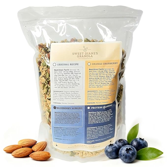 Sweet Diane’s Granola – Family Size (36 oz) Blueberry Almond Organic Granola, Low-Sugar, High-Fiber, Gluten-Free, Vegan, Delicious Breakfast and Snack Topper