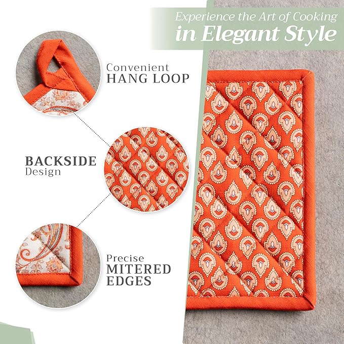 Maison d' Hermine Pot Holders Set 100% Cotton Heat Resistant Potholders 8" x 8" Hot Pads with Loop BBQ, Cooking, Baking, Grilling, Kitchen, Handling Hot Pans (Pack of 2, Cachemire)