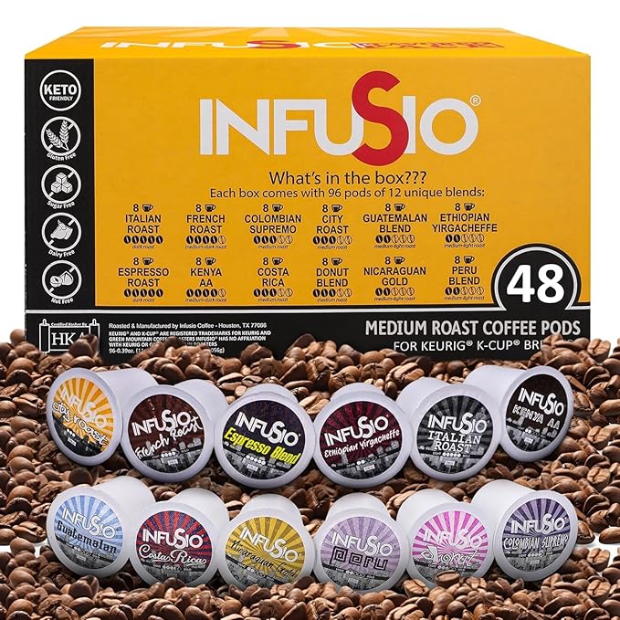 InfuSio Coffee Pods Variety Pack – 48 Count, 12 Sophisticated Medium & Dark Roast Blends, Crafted Blends Collection – Premium Single-Serve Coffee, Compatible with Keurig K-Cup 2.0