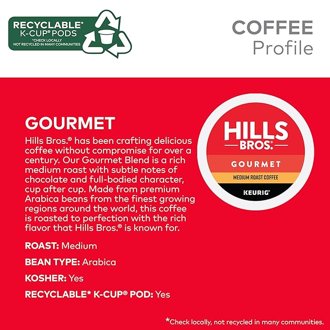 Hills Bros. Gourmet Blend Keurig K-Cup Pods for Keurig Brewers – Medium Roast Premium Arabica Blend, Kosher – 1 Pack of 12 Single Serve Pods
