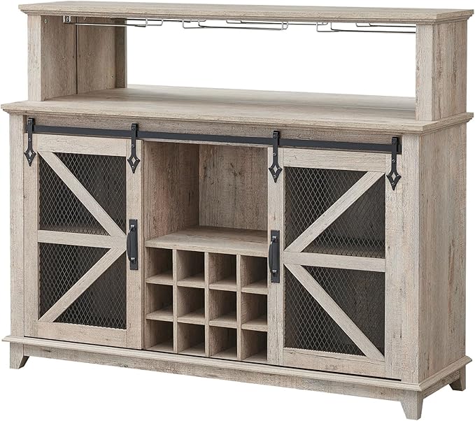 OKD Farmhouse Coffee Bar Cabinet with LED Lights, 55" Wine Bar w/Sliding Barn Door & Wine and Glass Rack, Kitchen Buffet Cabinet w/Storage Shelves for Dining Room,Light Rustic Oak