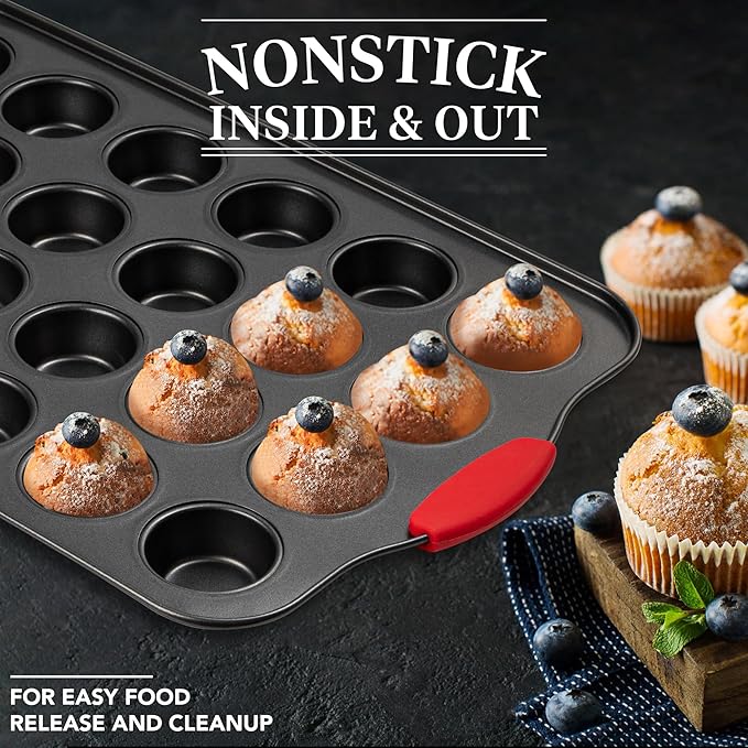 Tiawudi Muffin Pan, Nonstick Cupcake Pan Set, 2 Pack Heavy Duty Muffin Tins for Baking, 12-Cup Regular and 24-Cup Mini Bareware Tray with Silicone Grip Handles