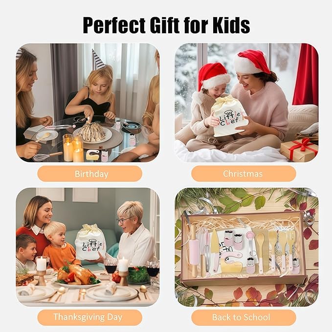 Wooden Cooking & Baking Set for Real Cooking, 32PCS Mini Knife Set Safe Montessori Kitchen Tools, Kitchen Knifes/Cutting Board/Apron with Storage Bag, Baking Utensils Christmas Gift for Little Chef