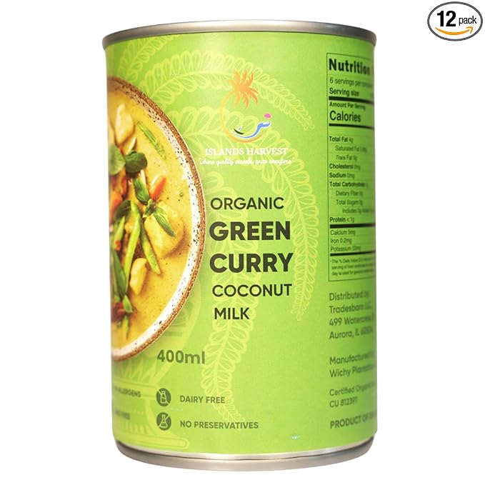 Islands Harvest Organic Green Curry Coconut Milk Pack of 12 - Vegan, Kosher, Halal, Non-Gmo, Usda Organic Green Curry - No Added Artificial Flavors, Colors & Preservatives