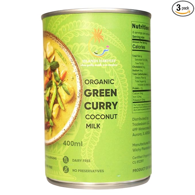 Islands Harvest Organic Green Curry Coconut Milk Pack of 3 - Vegan, Kosher, Halal, Non-GMO, USDA Organic GREEN CURRY - Pure No Added Artificial Flavors, Colors & Preservatives for Curries, Such As Green Beans, Broccoli, Carrot