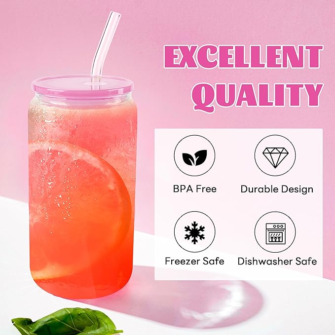 Joyclub 4pcs Glass Cups with Acrylic Lids and Straws 16 oz Can Shaped Glass Iced Coffee Cups with Lids and Straws, Cute Tumbler Cup Drinking Glasses for Smoothie Whiskey Boba Soda Tea Gift