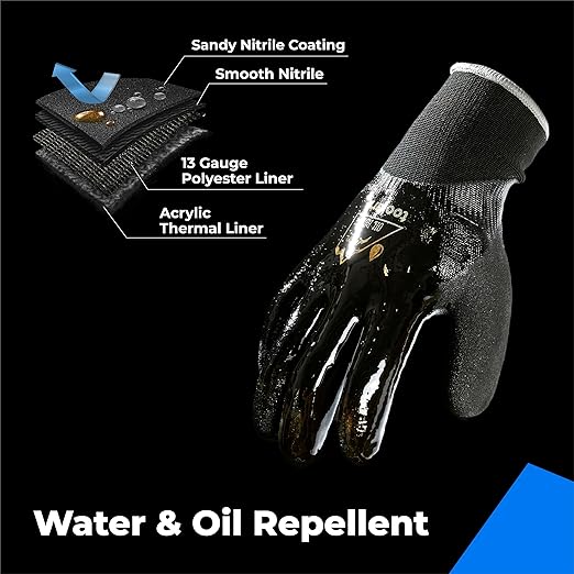 Waterproof Gloves for Men and Women, Freezer Gloves with Grip, Double Nitrile Dipped for Extreme Oil Repellent, for Construction, Mechanics, Mining, Plumbing, Black, X-Large