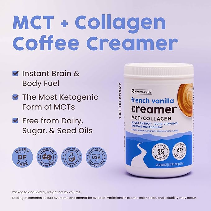NativePath Keto Coffee Creamer Powder French Vanilla — Keto-Friendly, Non-Dairy & Low Sugar Creamer. Made with Grass-fed Collagen Protein Powder, MCT Oil & Monk Fruit. Soy & Gluten Free (7.1 OZ)
