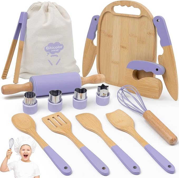 Wooden Kids Cooking Set Montessori Kit - Real Toddler Kitchen Tools & Baking Utensils - 15PCS Cooking Kit for Kids with Storage Bag, Great Gift for Pretend Play & Montessori Learning (Purple)