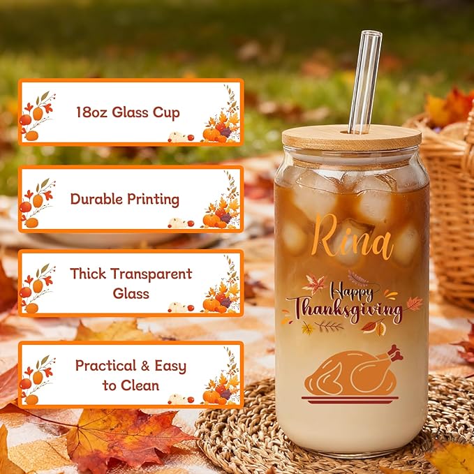Mason Life Personalized Thanksgiving Gift Glass Cup Personalized with Name-Can Shaped Glass with Lids and Straws-18OZ Iced Coffee Cups
