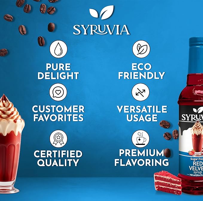Syruvia Sugar Free Coffee Syrup, Red Velvet Flavored Syrup for Drinks, Lattes, and Desserts – 25.4 fl oz, With Pump
