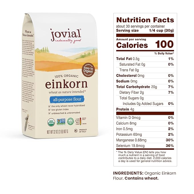 Jovial Organic Einkorn Whole Wheat & Unbleached All Purpose Flour - Bread Baking Flour for Sourdough, High Protein, Non-GMO, Organic Pizza & Pasta Flour, European Italian Flour - 32 Oz, 2 Pack