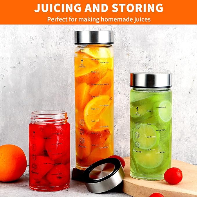 Glass Juice Bottles 4 Pack 20 oz - Wide Mouth Glass Water Bottles with Lids - for Juicing, Protein, Smoothie, Milk, Reusable, BPA Free, Stainless Steel Lids, Blender, Shaker Bottle [20oz/600ml]