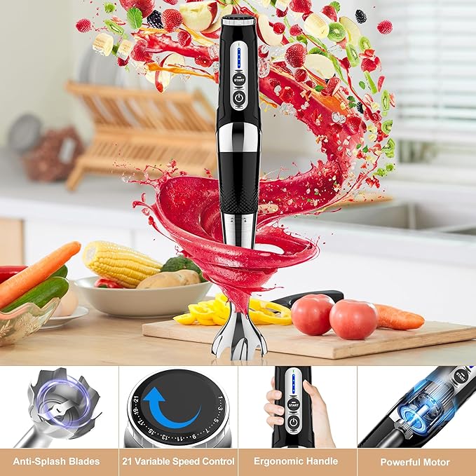 Cordless Immersion Blender Handheld: 3-in-1 Rechargeable Electric Hand Blender Stick, 21-Speeds & 3-Angle Adjustable with 700ml Beaker, Egg Whisk and Beater for Smoothies, Soup,Puree,Baby Food (Black)