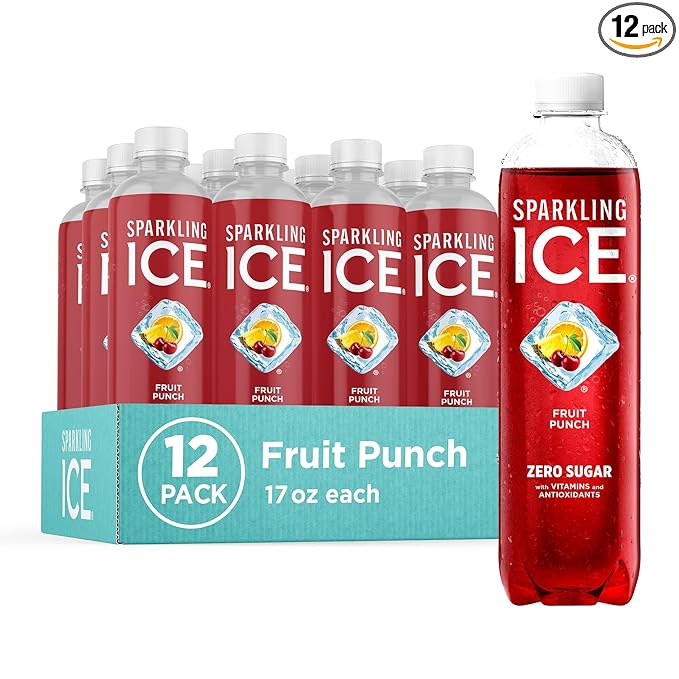 Sparkling Ice, Fruit Punch Sparkling Water, Zero Sugar Flavored Water, with Vitamins and Antioxidants, Low Calorie Beverage, 17 fl oz Bottles (Pack of 12)
