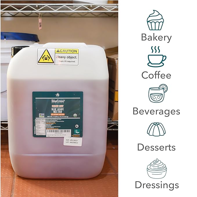 BLUE GREEN ORGANICS, Agave syrup, Agave, Gluten Free, Organic, Sweetener, coffees, pancakes or any baked good, Family-friendly, For restaurants, Sugar substitute, Light, 57.3 lb