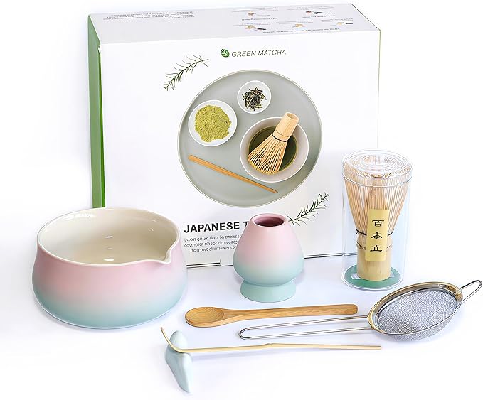 Matcha Whisk Set – 7 Pcs Japanese Tea Set with Bowl, Bamboo Whisk, Scoop, Holder, Sifter – Traditional Matcha Kit for Ceremony, Gift for Matcha Lovers