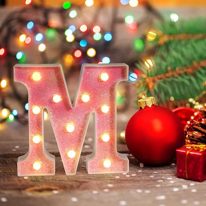 Foaky Pink Light up Letters，Pink Party Decorations,Girls Room Decor,Glitter Light Up Letters,Alphabet Letter Sign for Night Light Birthday Party Girls Gifts, Home Bar Decoration（F）
