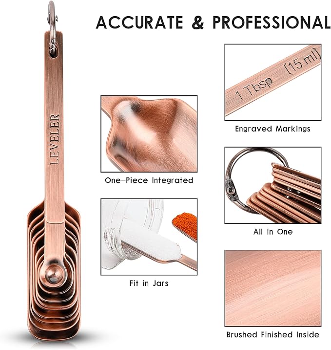 Copper Measuring Cups and Spoons - 17 Piece Set, 7 Cups and 9 Spoons with 1 Leveler for Kitchen