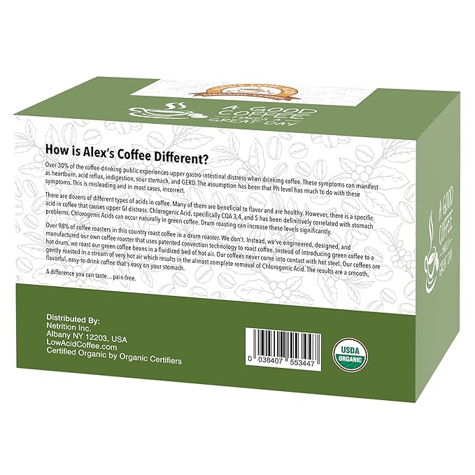 Alex’s Low Acid Organic Coffee | Created to Limit Heartburn, Acid Reflux & Stomach Irritation | Rise & Shine | Pack of 12 K-Cups