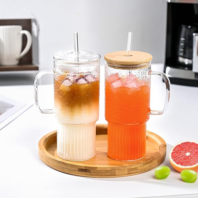 32oz Glass Cups with Handle & Glass Lids and Straws, 2 Pack Large Borosilicate Glass Tumblers for Iced Coffee, Smoothies, Fruit Drinks. Reuseable Glasses Cups for Cold/Hot Water