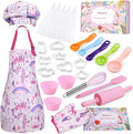 Anpro Complete Kids Cooking and Baking Set - 27 Pcs Includes Aprons for Girls, Chef Hat, Mitt & Utensil to Dress Up Chef Costume Career Role Play for 3-7 Years Girls