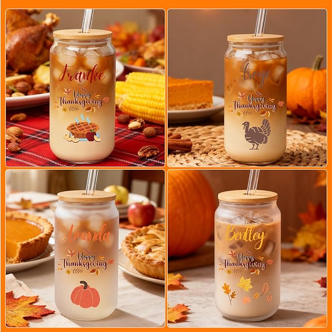Mason Life Personalized Thanksgiving Gift Glass Cup Personalized with Name-Can Shaped Glass with Lids and Straws-18OZ Iced Coffee Cups