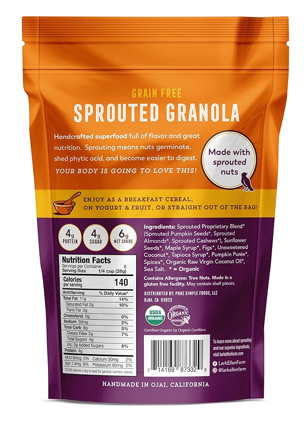 Lark Ellen Farm Grain-Free Granola, Certified Organic Raw Sprouted Vegan Clusters, Paleo & Crunchy Gluten-Free Bites for Cereal or Yogurt, Pumpkin Fig, 8 oz, 3 Pack