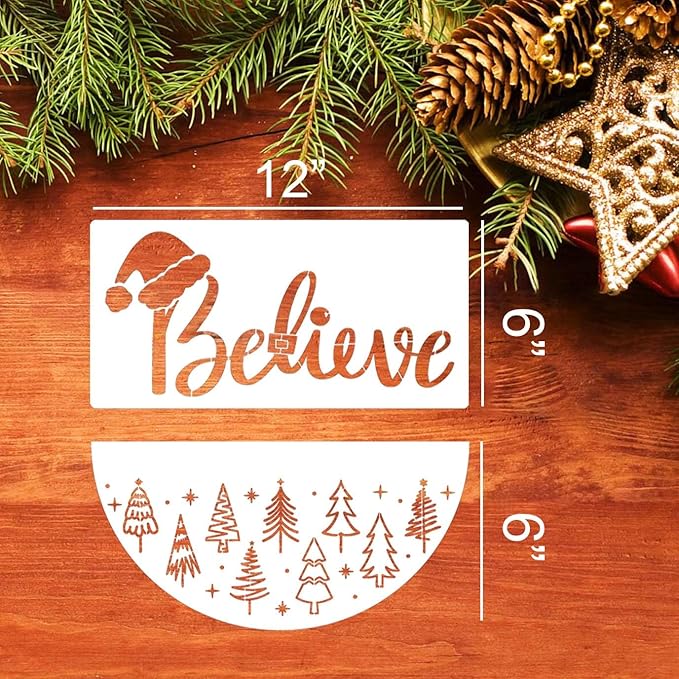 Christmas Stencils 12” Xmas Stencil for Wood Christmas Stencil for Painting Holiday Stencils Merry Christmas Believe Drawing Templates Half Round Stencil for Door Hanger Porch Wreath Home Decor