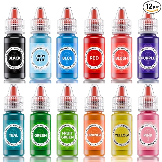 Oil Based Food Coloring for Chocolates - Jelife 12 Colors Oils Dye Set Flavorless Edible Food Color Vibrant Concentrated Neon Icing Colors for Candy Melts (6ml/Bottles)