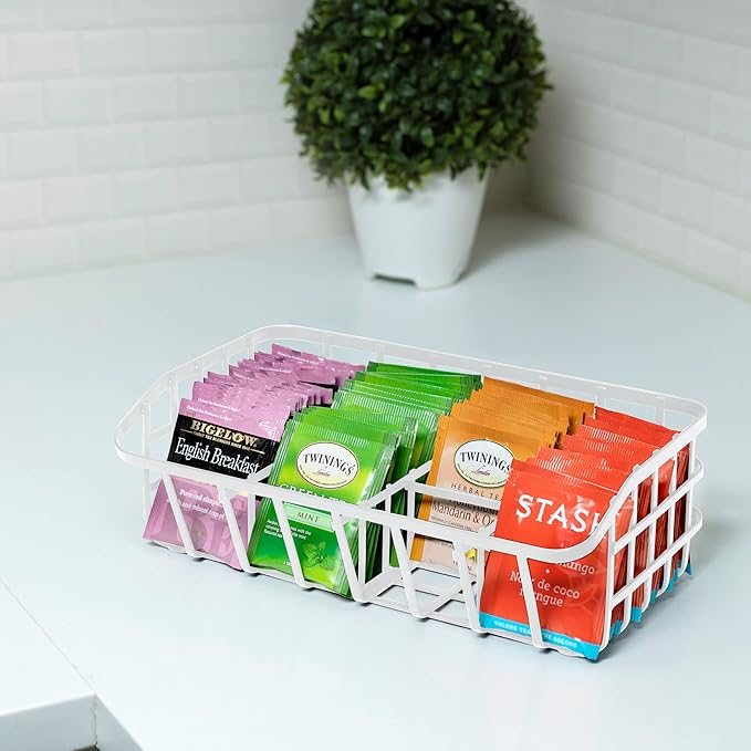 Tea Bag Organizer Caddy - Metal Tea Box Storage Holder for Cups, Pods, Packets, Condiment Accessories - White