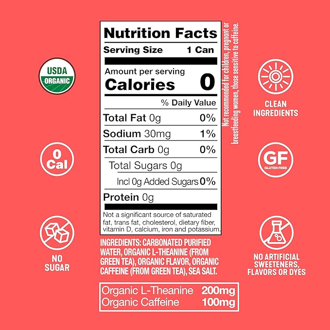 ARDOR ENERGY Sparkling Water with 100mg Natural Caffeine & 200mg L-Theanine from Organic Green Tea for Smooth Energy & Focus | Healthy Energy Drink | No Sugar, Zero Calories, Vegan, Gluten-Free | Pink Grapefruit (Pack of 12, 12oz cans)