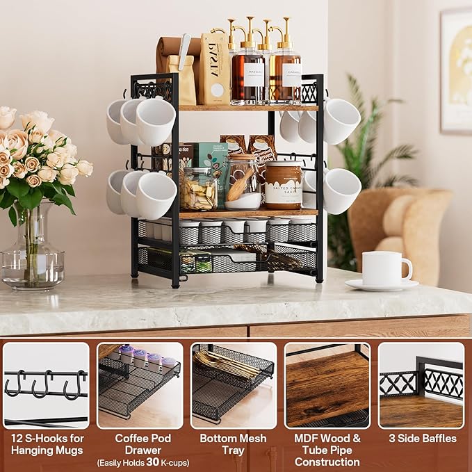 Coffee Bar Organizer Countertop Station Shelf - 4 Tier Mug Holder Stand With 12 Hooks, 30 K Cup Pod Drawer, Multifunctional Shelf for Accessories Kitchen