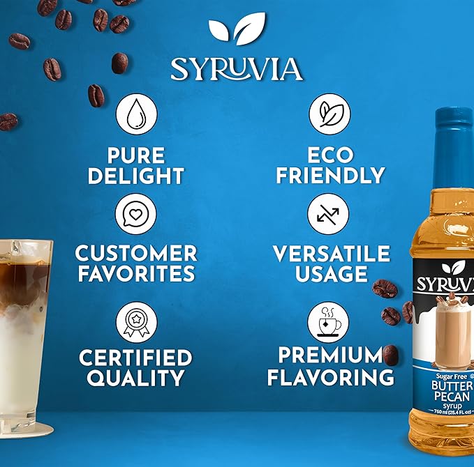Syruvia Sugar Free Coffee Syrup, Butter Pecan Flavored Syrup for Drinks, Lattes, and Desserts – 25.4 fl oz