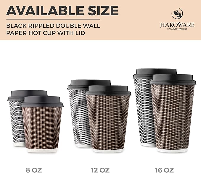 [340 SET]Harvest Pack 16 oz Disposable Coffee Cups, Insulated Ripple Double-Walled Paper Cups with Lids, Brown Geometric, Bulk Drinking Cups for Tea Hot Chocolate Drinks To go coffee cups