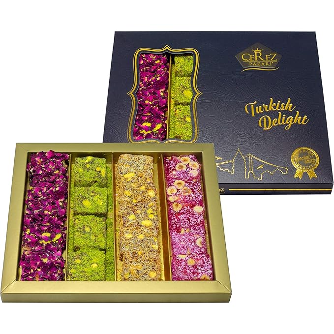 Cerez Pazari Turkish Delight Pistachio and Hazelnut with Fantastic Rose & Pomegranate Flavour Experience in Luxury Large Gift Box 500g | Assorted Gourmet, Sweet Vegan Traditional Lokum (16-20 Pcs)