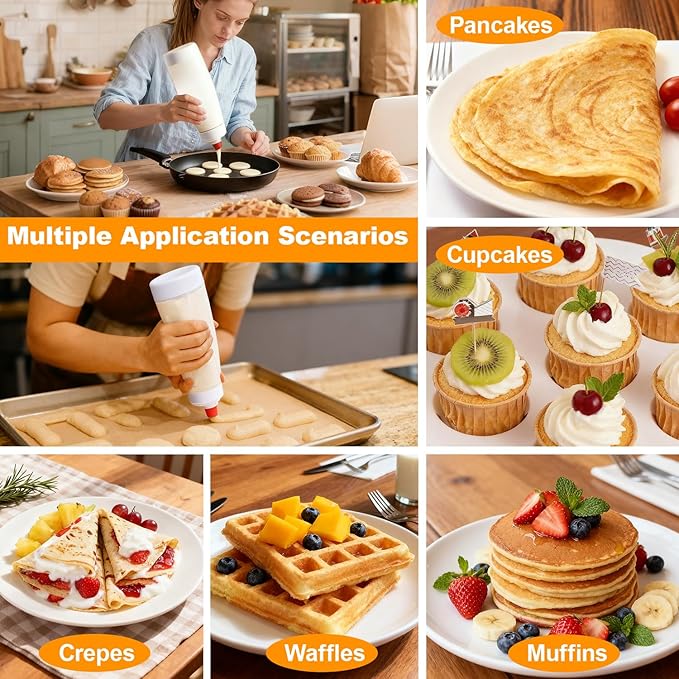 Pancake Batter Dispenser Kit - 4.5-Cup Pancakes Mix Maker with Shaker Ball Stainless Steel Whisk and Brush,Squeeze Bottle for Cupcake,Muffin,Waffle,Crepe