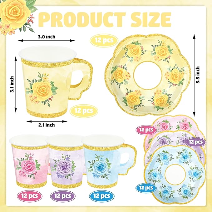 48 Sets Floral Paper Tea Cups and Saucers Disposable Tea Party Supplies Colorful Flower Teacups with Handle and Plates for Hot Cold Drink Wedding Birthday Party Baby Shower